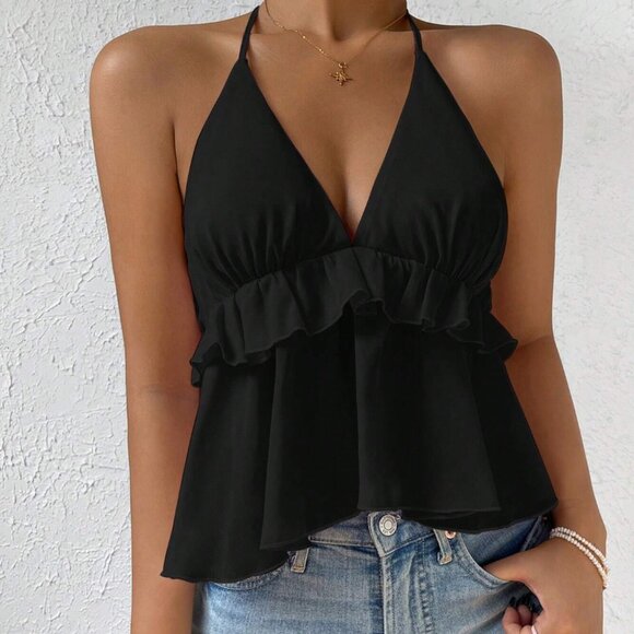 Tie Backless Ruffle Hem Halter Top - Picture 2 of 9